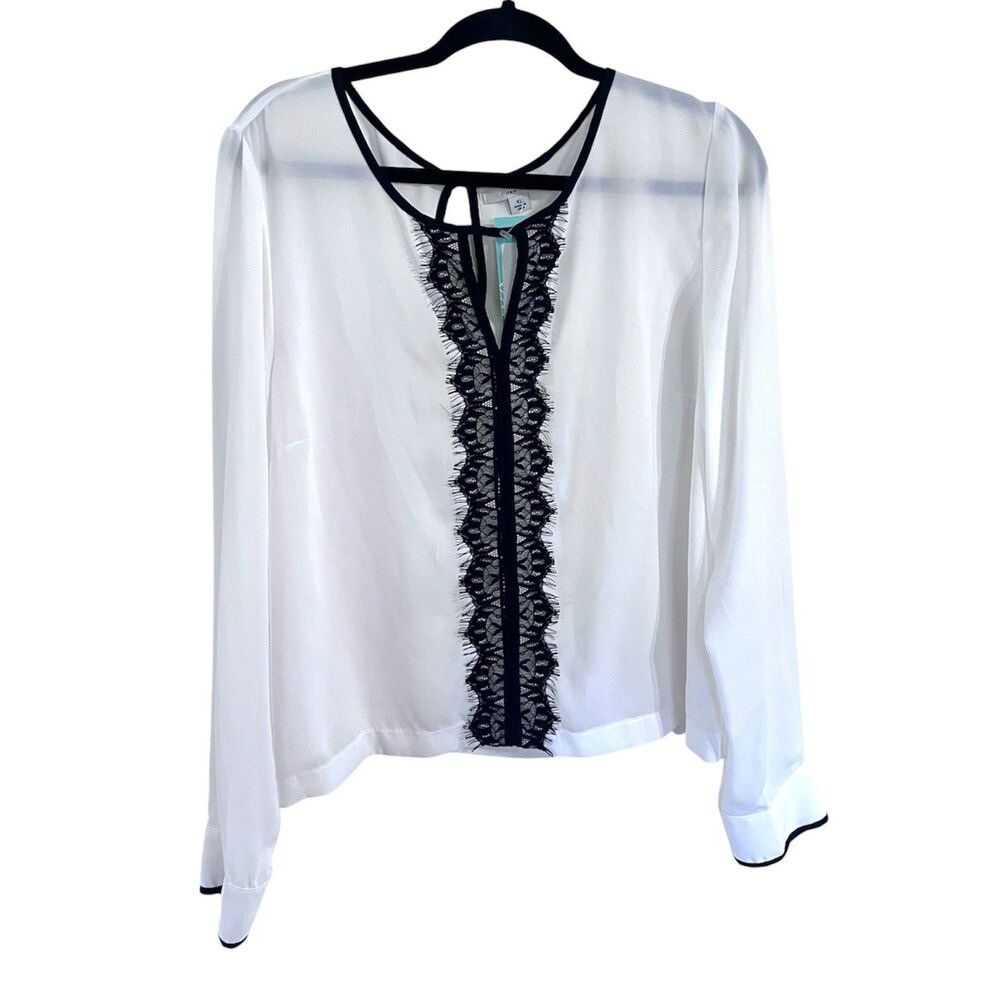 41 Hawthorn Black White Lace Trim Long Sleeve Blouse Top Stitch Fix Sheer XL